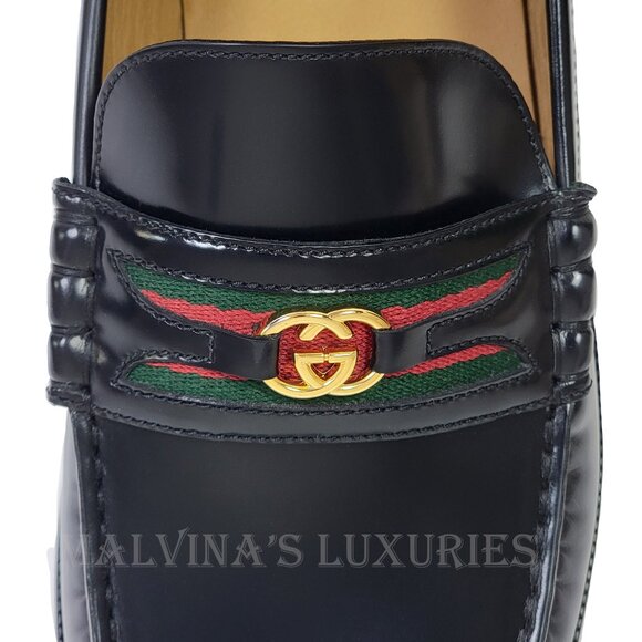 GUCCI SHOES MENS LOAFERS WEB BIT-STRAP G LOGO BLACK LEATHER sz 12.5 US 13 - Picture 13 of 15